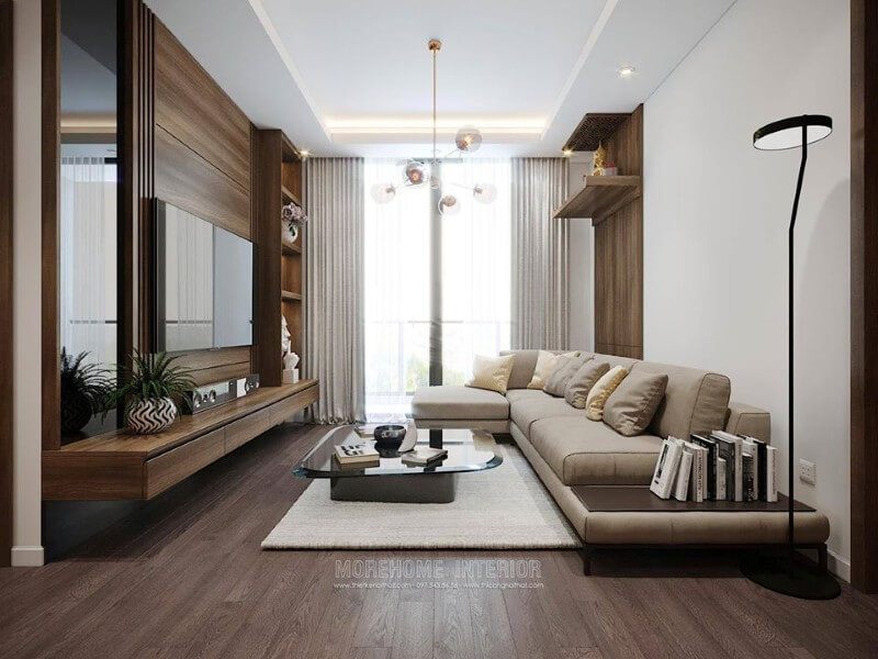 Góc tâm linh được đặt trong phòng khách có vách gỗ công nghiệp và bàn thờ gỗ tự nhiên cao cấp.